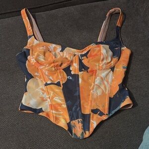 White fox Floral Corset One-Piece Swimsuit in Orange and Navy sz m